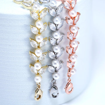 CZ Diamond Vine Leaves And Pearl Wedding Bracelet, Bridal Bracelet, Cubic Zirconia Bracelet, Bridal jewelry, Wedding Accessories